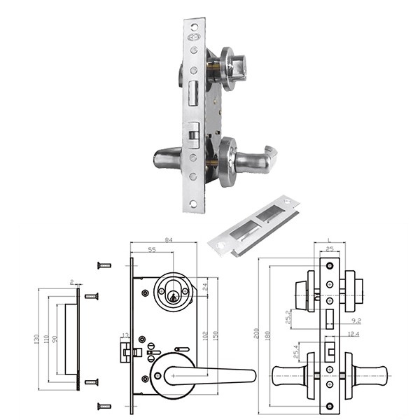 Door Lock - Mortice Lock With Lever Cylinder Stainless Steel Fire Proof Hujiang C1 OHS-2320 For Vessel , Impa 490113 (right Handle )